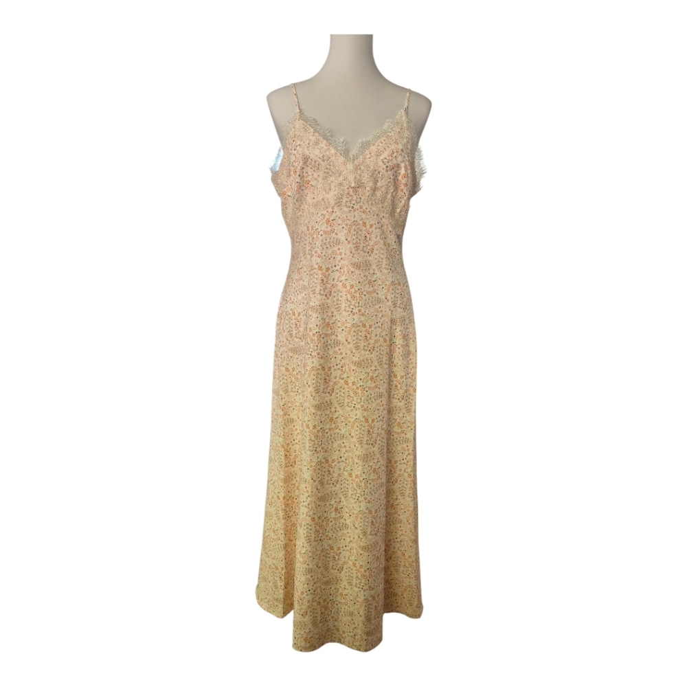 LOFT Paisley Lace Trim Midi Slip Dress Floral Beige Pink‎ Size 6 NWT